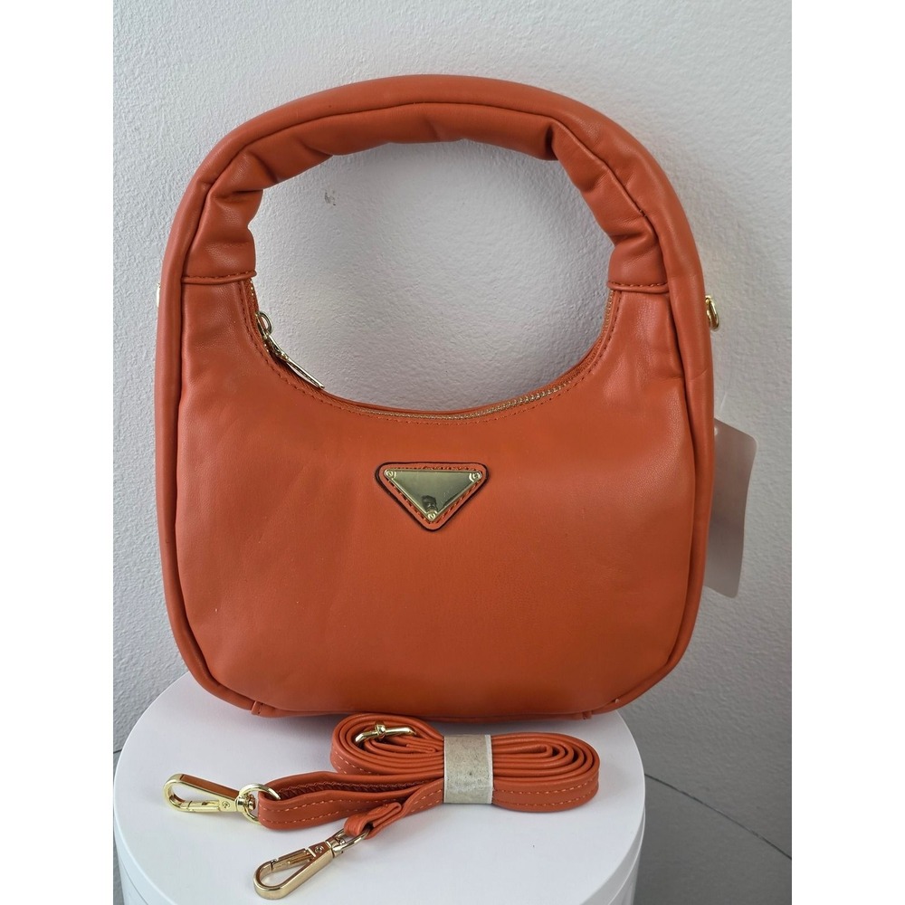 Burnt Orange Vegan Leather Padded Handle Crescent Hobo Crossbody Bag Gold Tone